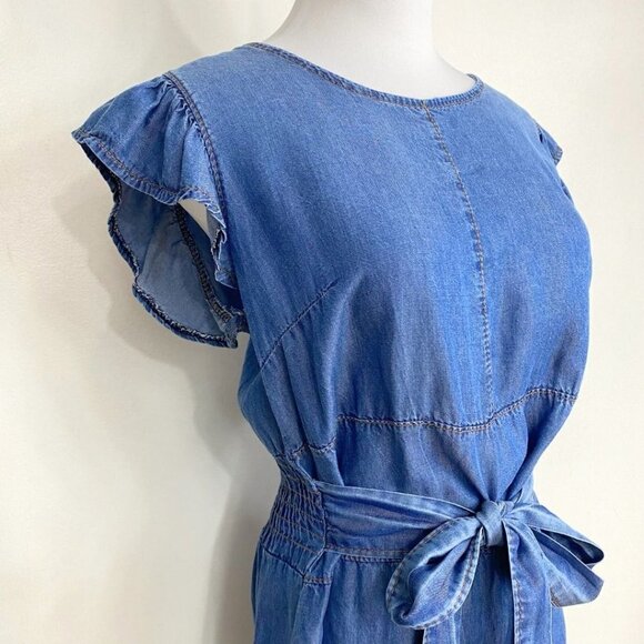 NEW COLLECTION MADE IN ITALY BLUE DENIM RUFFLE CAP SLEEVE WAIST TIE MINI DRESS - Picture 4 of 8